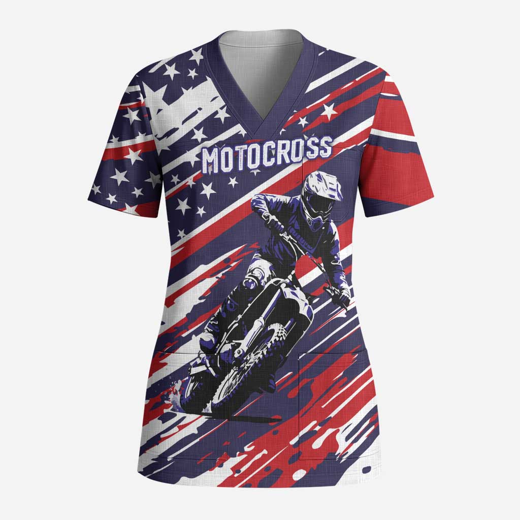 Personalized Patriotic Motocross Scrub Top with USA Flag Colors – Dirt Bike Racing Design - Wonder Print Shop