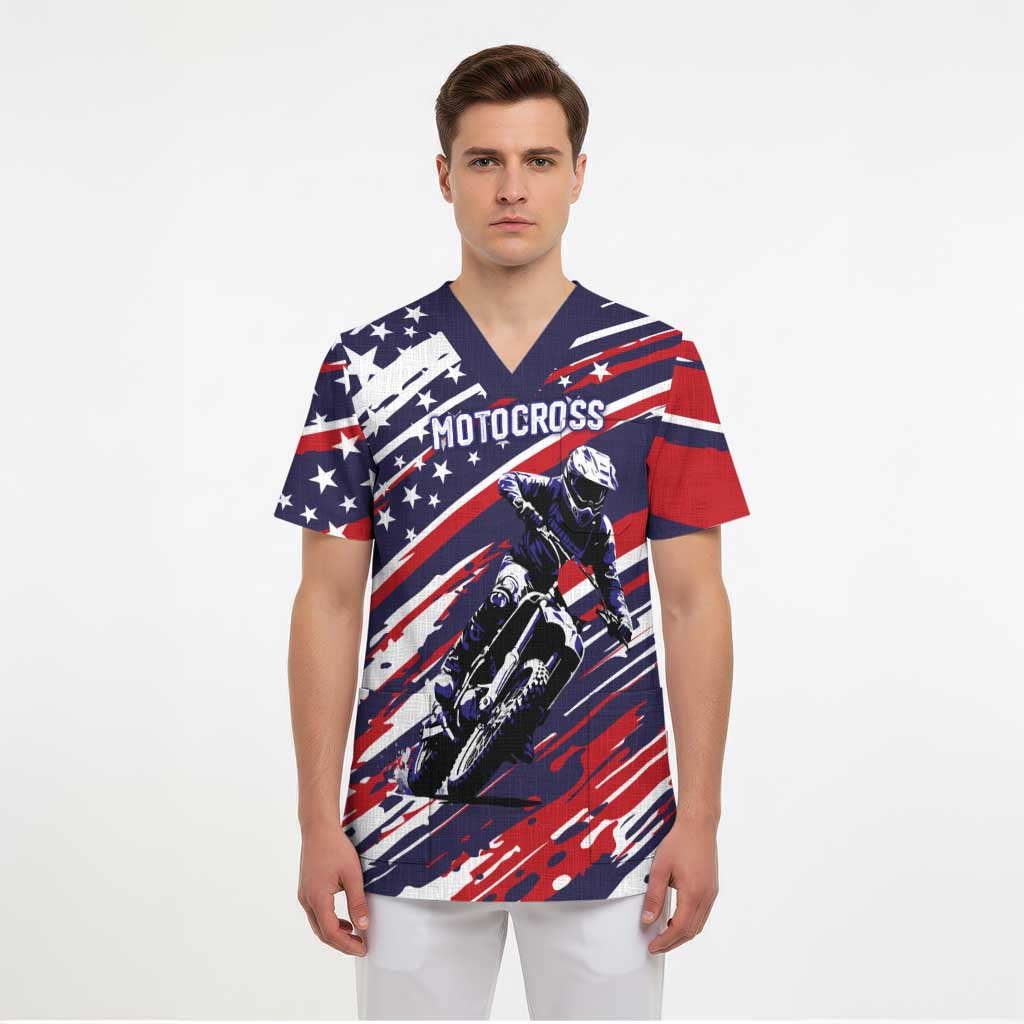 Personalized Patriotic Motocross Scrub Top with USA Flag Colors – Dirt Bike Racing Design - Wonder Print Shop