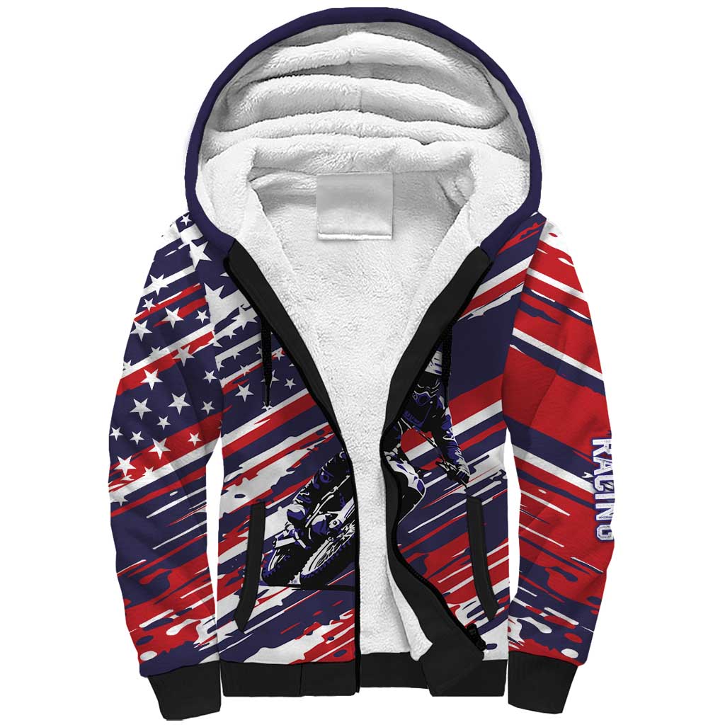 Personalized Patriotic Motocross Sherpa Hoodie with USA Flag Colors – Dirt Bike Racing Design - Wonder Print Shop