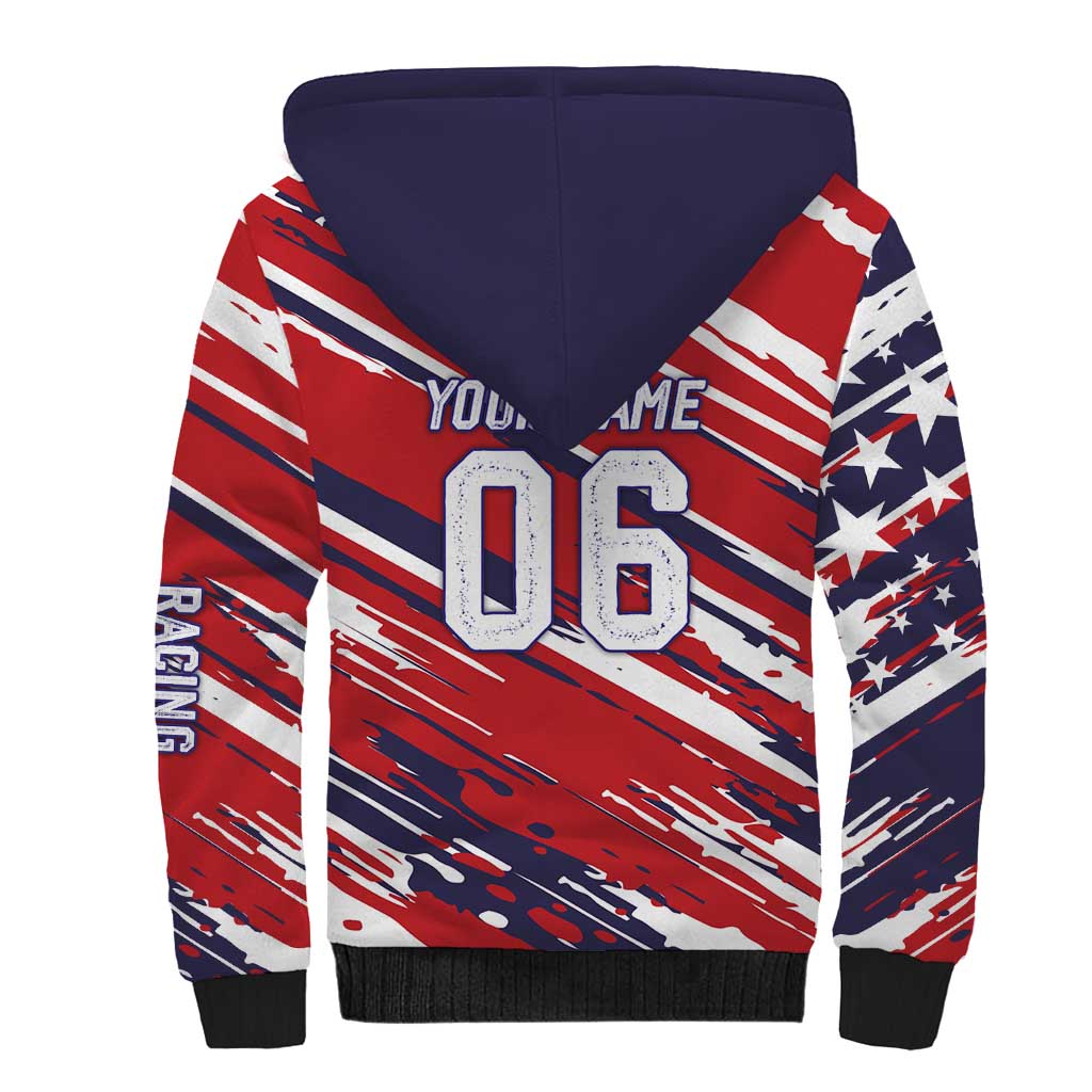 Personalized Patriotic Motocross Sherpa Hoodie with USA Flag Colors – Dirt Bike Racing Design - Wonder Print Shop