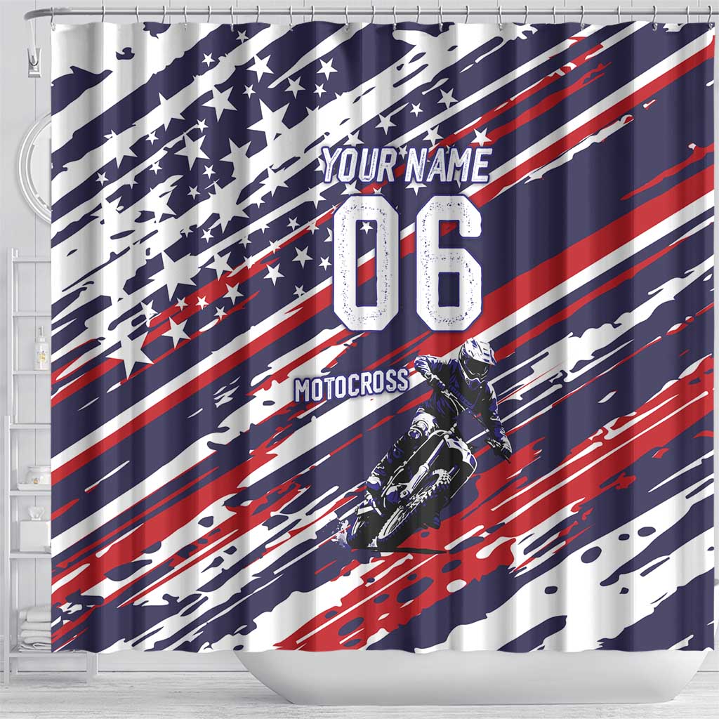 Personalized Patriotic Motocross Shower Curtain with USA Flag Colors – Dirt Bike Racing Design - Wonder Print Shop