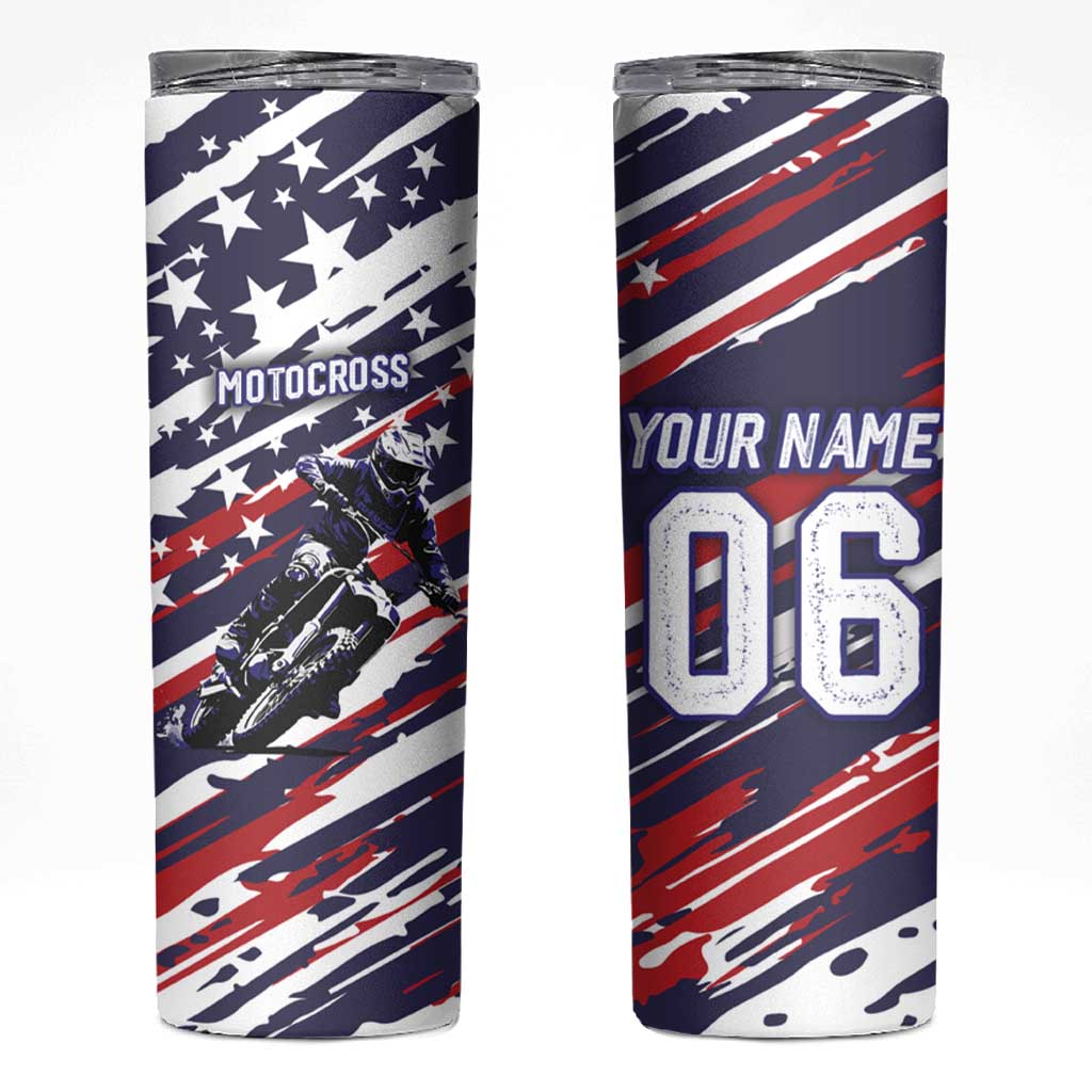 Personalized Patriotic Motocross Skinny Tumbler with USA Flag Colors – Dirt Bike Racing Design - Wonder Print Shop