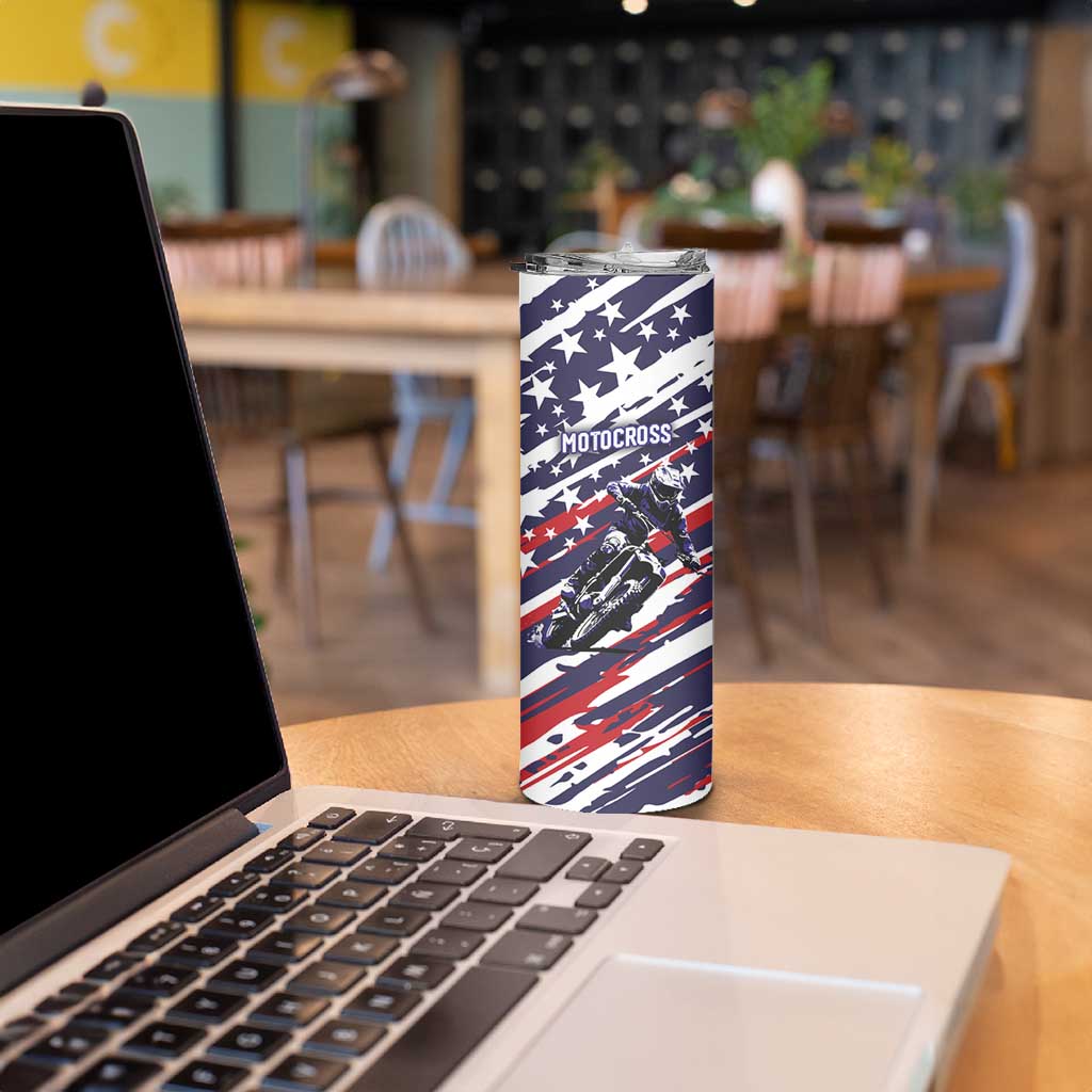 Personalized Patriotic Motocross Skinny Tumbler with USA Flag Colors – Dirt Bike Racing Design - Wonder Print Shop