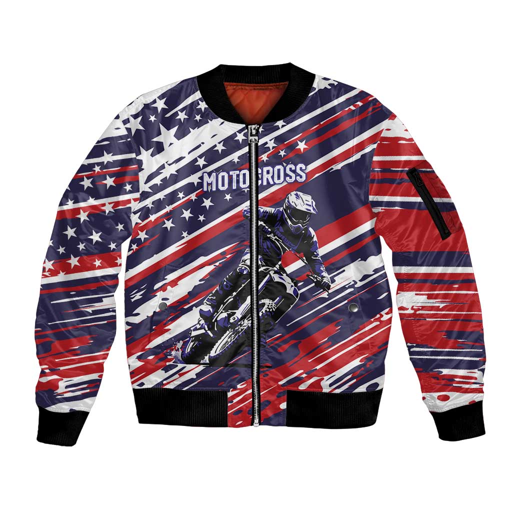 Personalized Patriotic Motocross Sleeve Zip Bomber Jacket with USA Flag Colors – Dirt Bike Racing Design - Wonder Print Shop