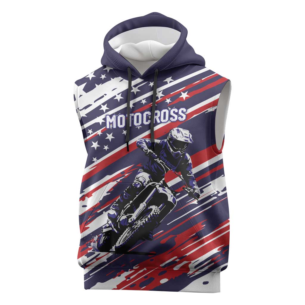 Personalized Patriotic Motocross Sleeveless Hoodie with USA Flag Colors – Dirt Bike Racing Design - Wonder Print Shop