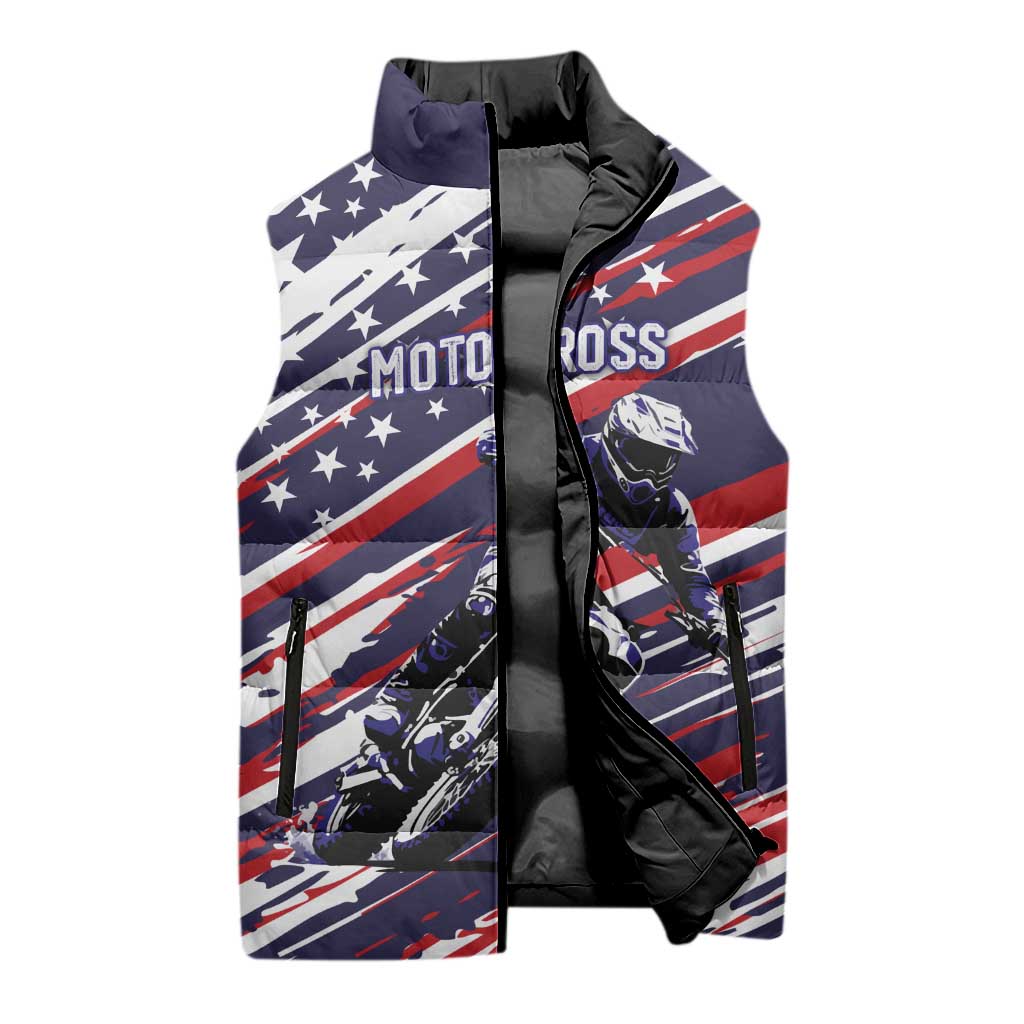 Personalized Patriotic Motocross Sleeveless Puffer Jacket with USA Flag Colors – Dirt Bike Racing Design - Wonder Print Shop