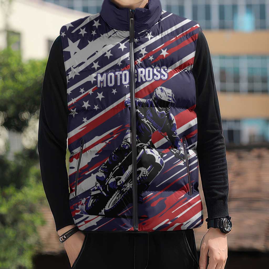 Personalized Patriotic Motocross Sleeveless Puffer Jacket with USA Flag Colors – Dirt Bike Racing Design - Wonder Print Shop
