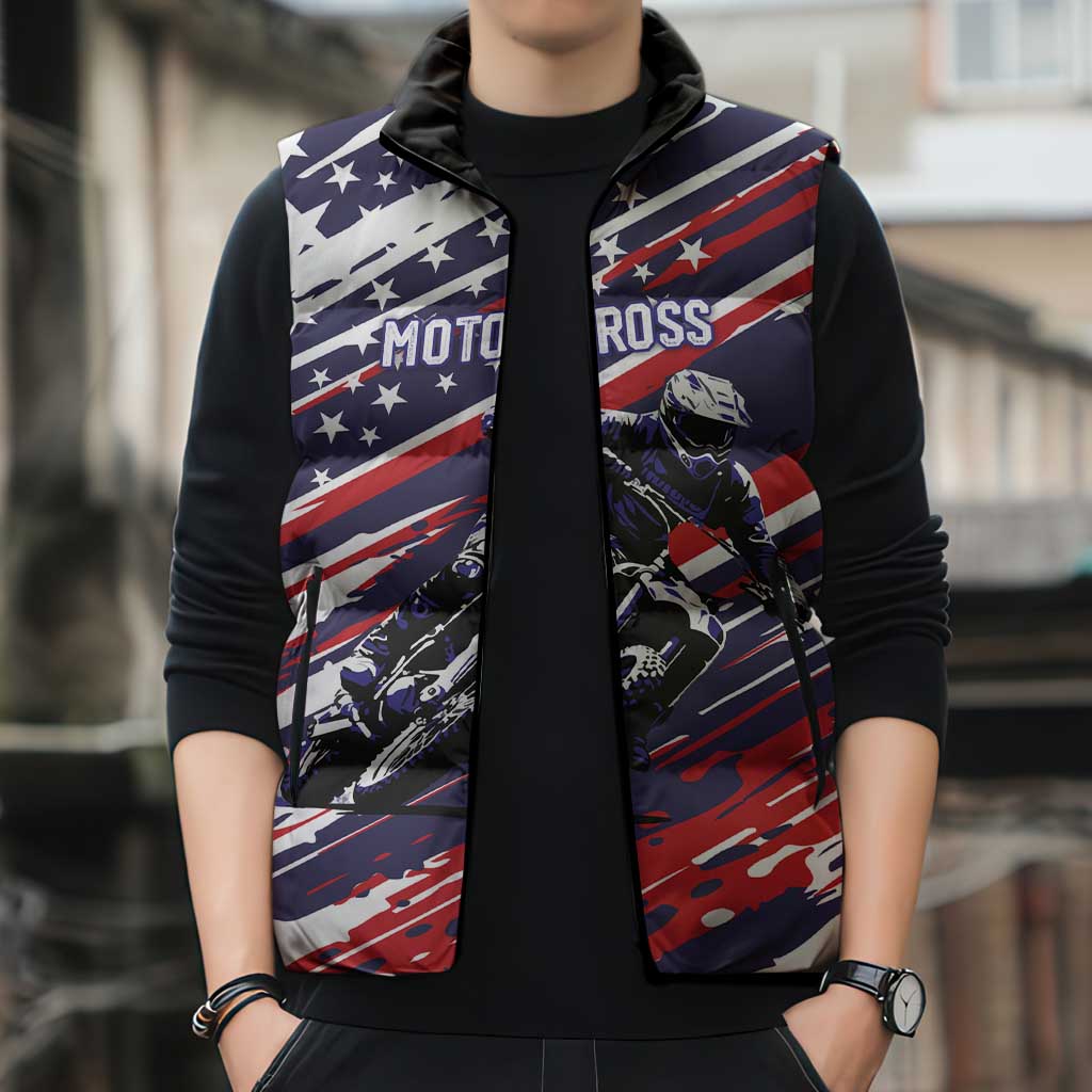 Personalized Patriotic Motocross Sleeveless Puffer Jacket with USA Flag Colors – Dirt Bike Racing Design - Wonder Print Shop