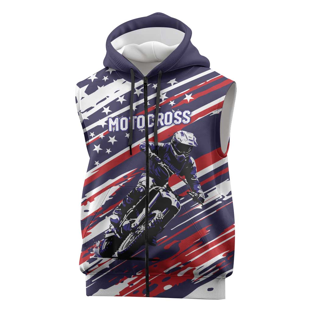 Personalized Patriotic Motocross Sleeveless Zip Hoodie with USA Flag Colors – Dirt Bike Racing Design - Wonder Print Shop