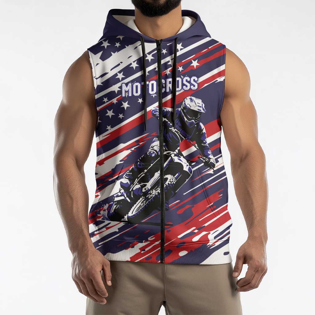 Personalized Patriotic Motocross Sleeveless Zip Hoodie with USA Flag Colors – Dirt Bike Racing Design - Wonder Print Shop