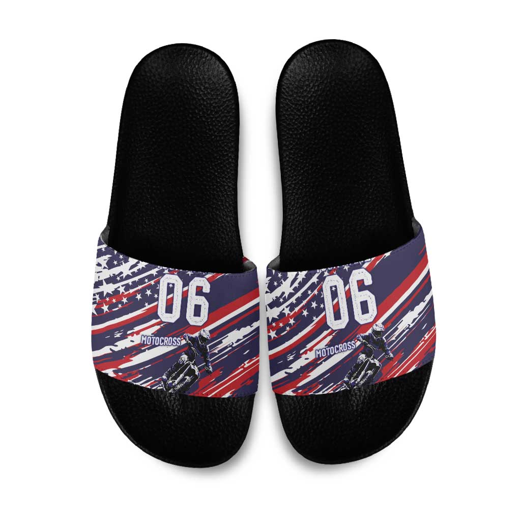 Personalized Patriotic Motocross Slide Sandals with USA Flag Colors – Dirt Bike Racing Design - Wonder Print Shop