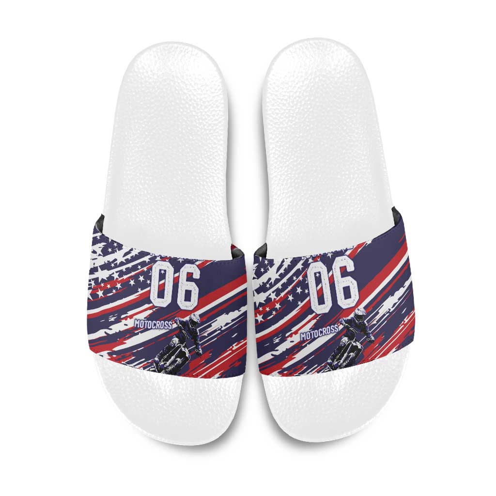Personalized Patriotic Motocross Slide Sandals with USA Flag Colors – Dirt Bike Racing Design - Wonder Print Shop