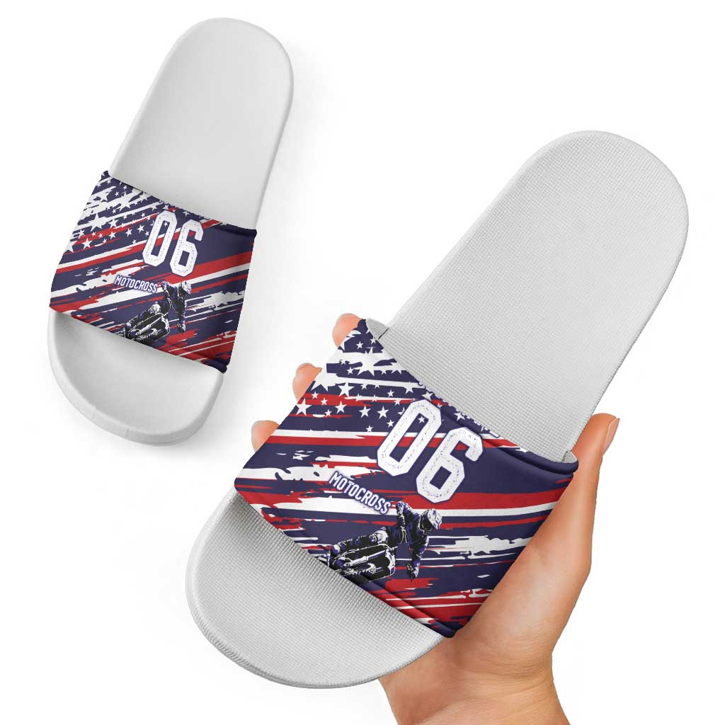 Personalized Patriotic Motocross Slide Sandals with USA Flag Colors – Dirt Bike Racing Design - Wonder Print Shop
