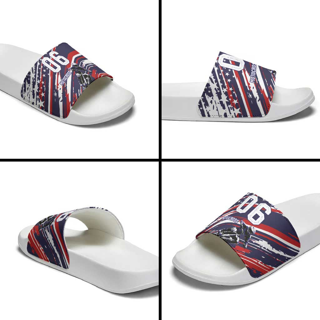 Personalized Patriotic Motocross Slide Sandals with USA Flag Colors – Dirt Bike Racing Design - Wonder Print Shop