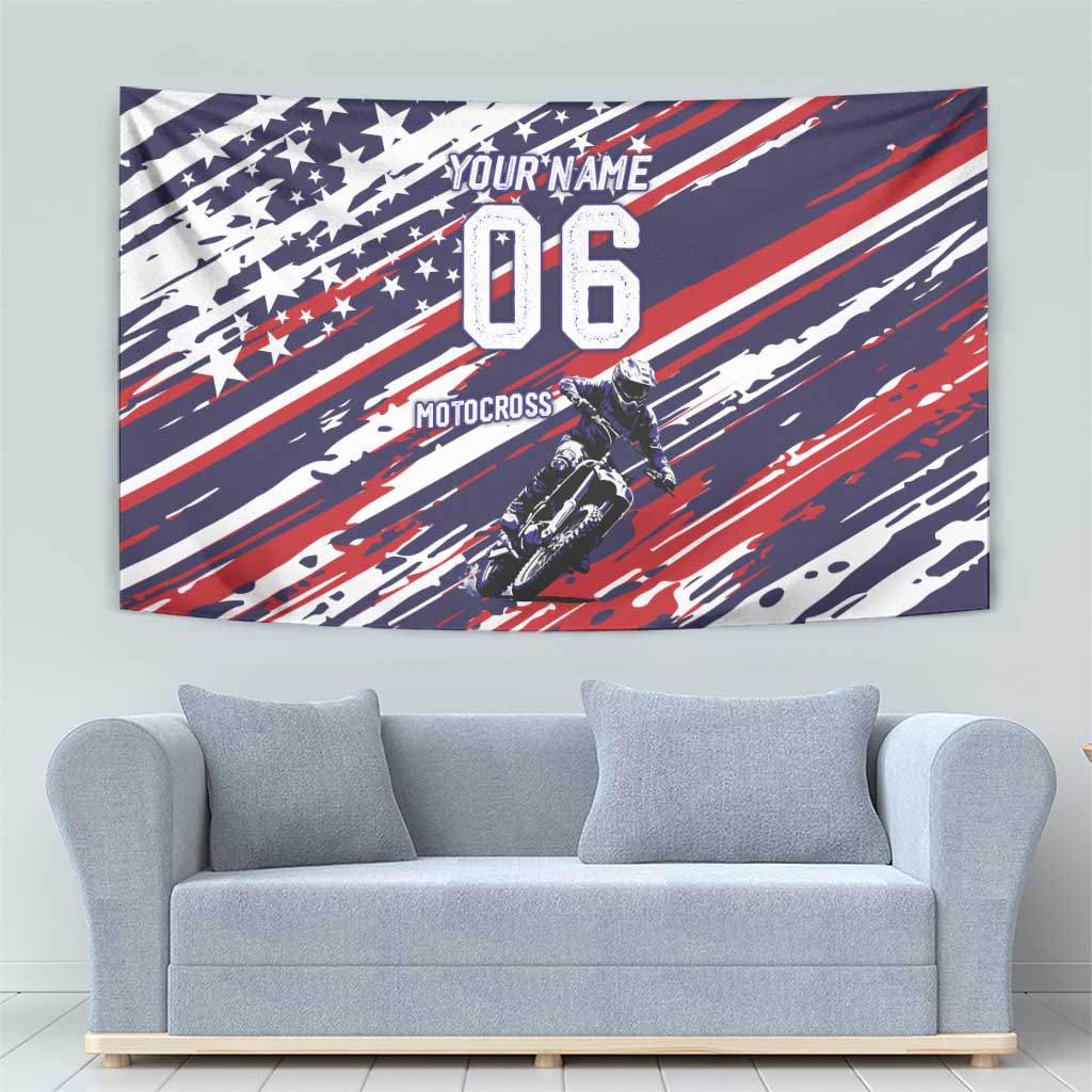 Personalized Patriotic Motocross Tapestry with USA Flag Colors – Dirt Bike Racing Design - Wonder Print Shop