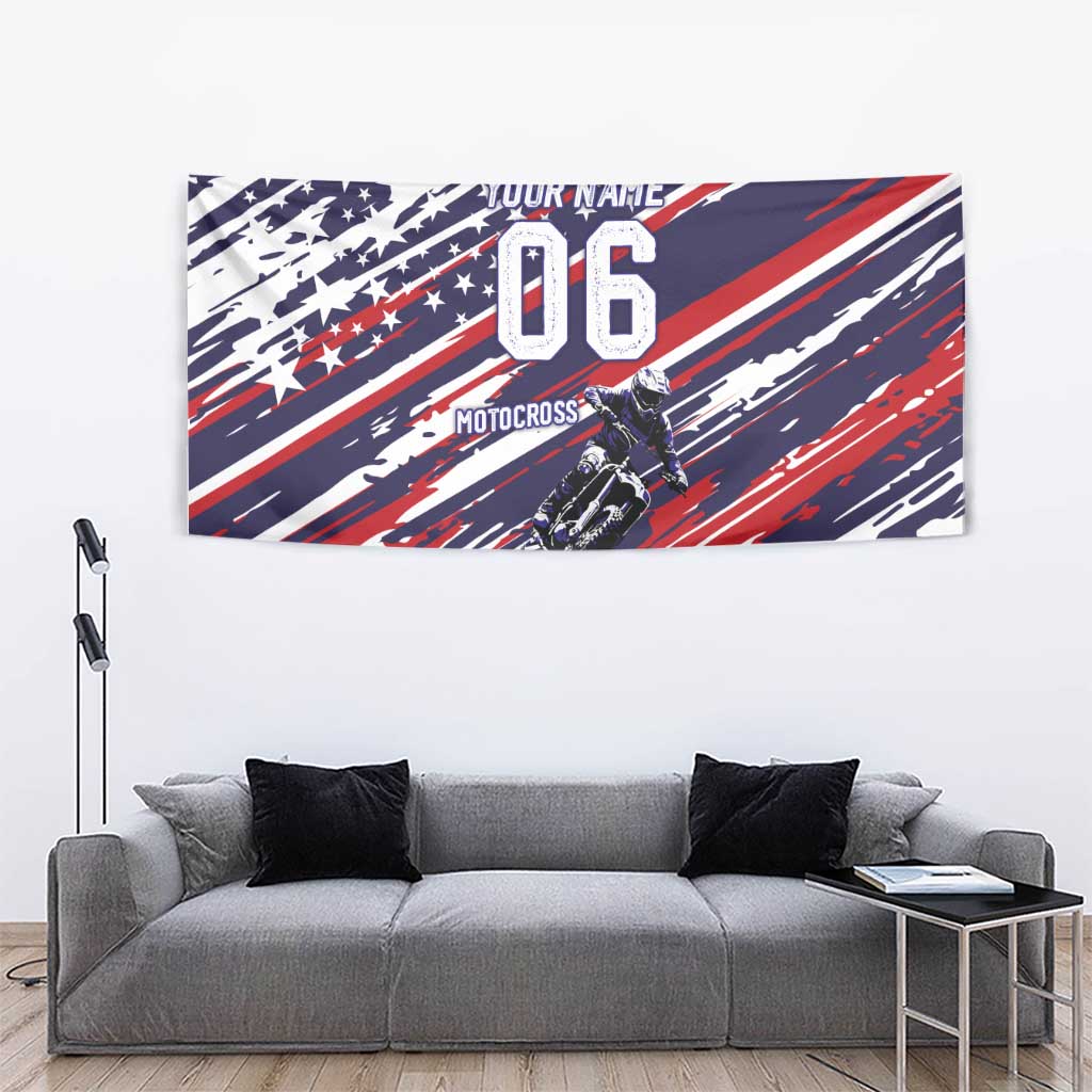 Personalized Patriotic Motocross Tapestry with USA Flag Colors – Dirt Bike Racing Design - Wonder Print Shop