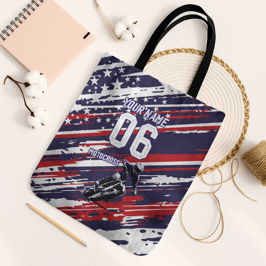 Personalized Patriotic Motocross Tote Bag with USA Flag Colors – Dirt Bike Racing Design - Wonder Print Shop