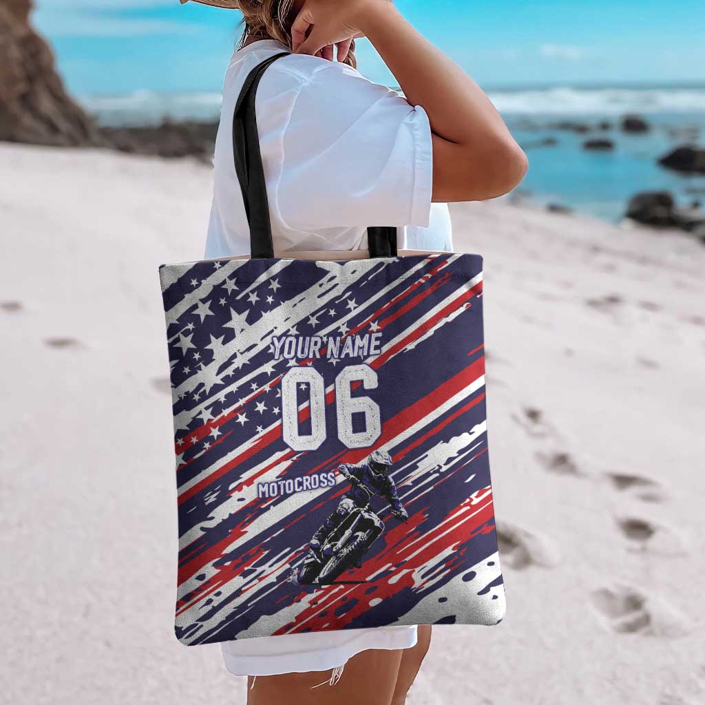 Personalized Patriotic Motocross Tote Bag with USA Flag Colors – Dirt Bike Racing Design - Wonder Print Shop