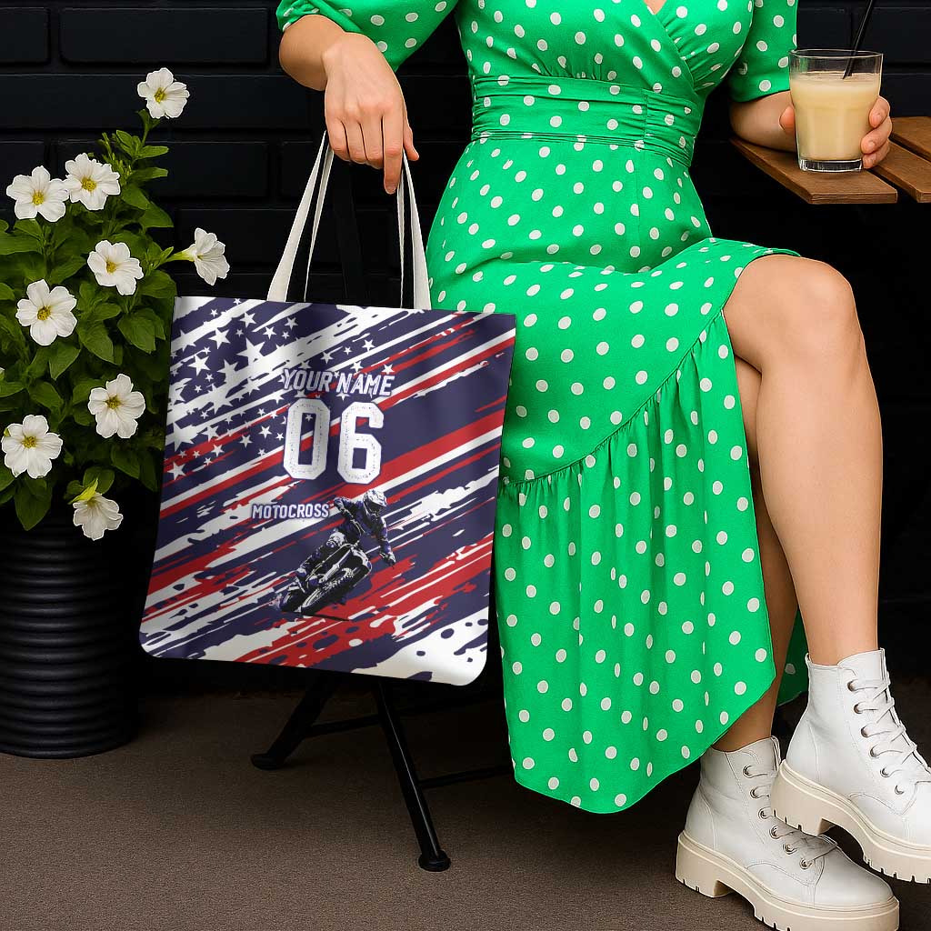 Personalized Patriotic Motocross Tote Bag with USA Flag Colors – Dirt Bike Racing Design - Wonder Print Shop