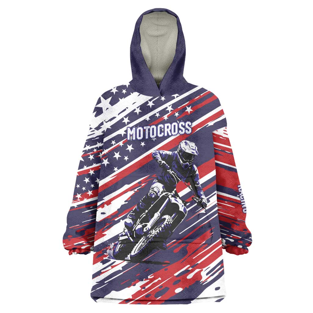 Personalized Patriotic Motocross Wearable Blanket Hoodie with USA Flag Colors – Dirt Bike Racing Design - Wonder Print Shop