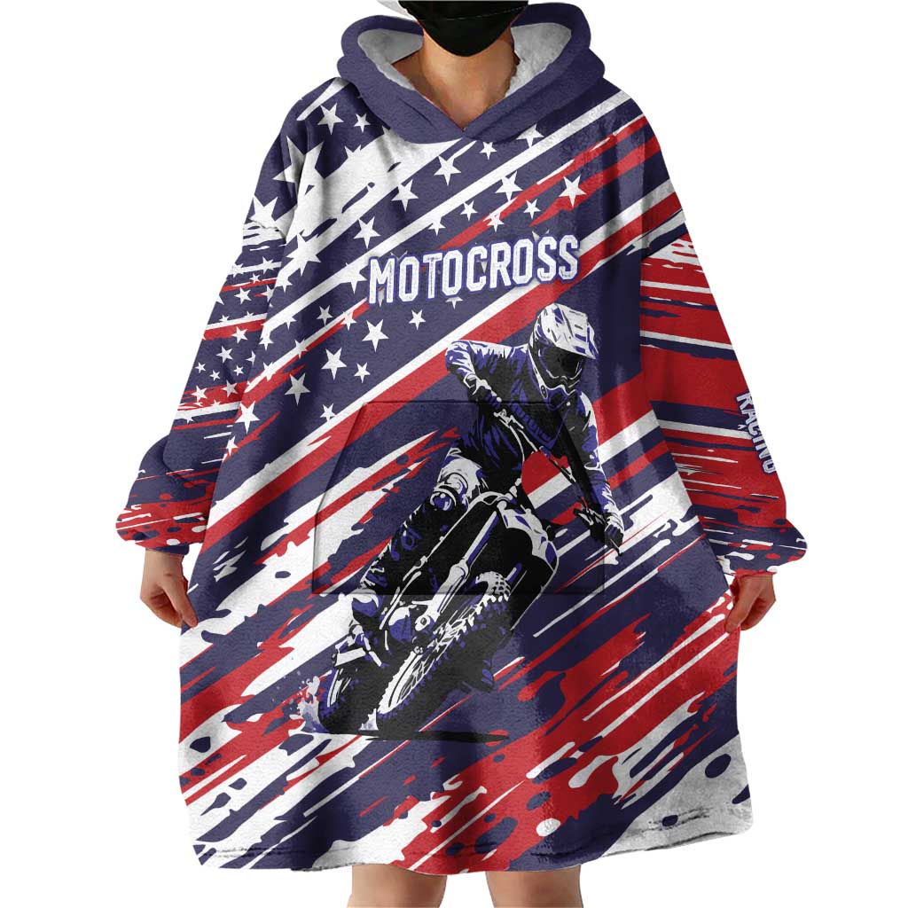 Personalized Patriotic Motocross Wearable Blanket Hoodie with USA Flag Colors – Dirt Bike Racing Design - Wonder Print Shop