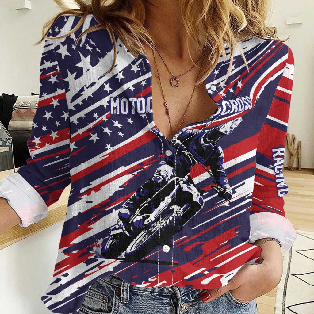 Personalized Patriotic Motocross Women Casual Shirt with USA Flag Colors – Dirt Bike Racing Design - Wonder Print Shop
