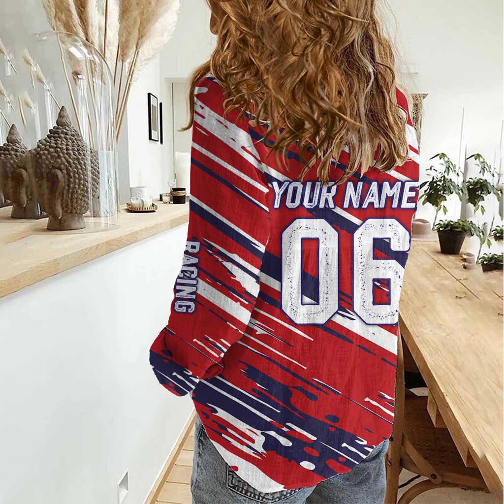 Personalized Patriotic Motocross Women Casual Shirt with USA Flag Colors – Dirt Bike Racing Design - Wonder Print Shop