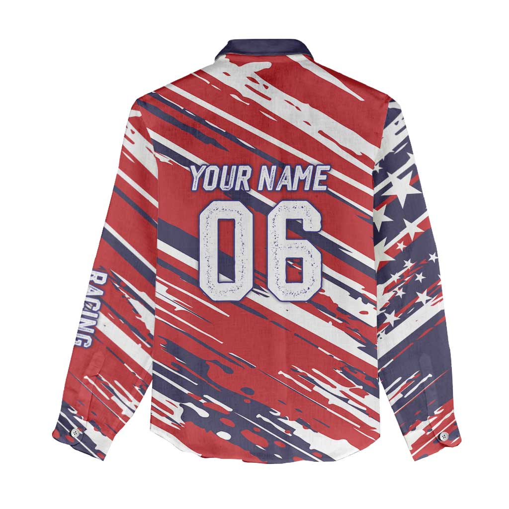 Personalized Patriotic Motocross Women Casual Shirt with USA Flag Colors – Dirt Bike Racing Design - Wonder Print Shop