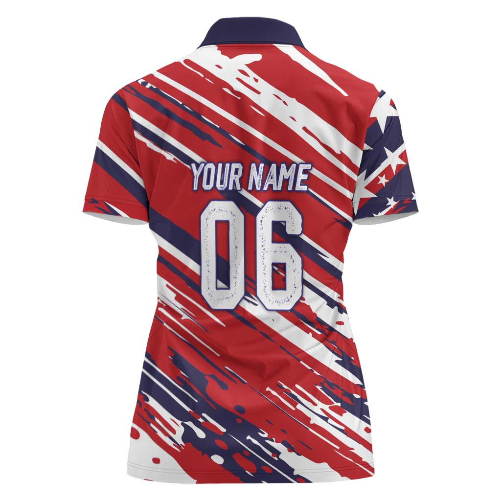Personalized Patriotic Motocross Women Polo Shirt with USA Flag Colors – Dirt Bike Racing Design - Wonder Print Shop