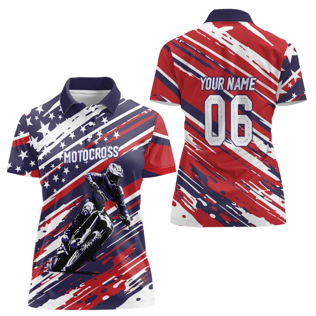 Personalized Patriotic Motocross Women Polo Shirt with USA Flag Colors – Dirt Bike Racing Design - Wonder Print Shop