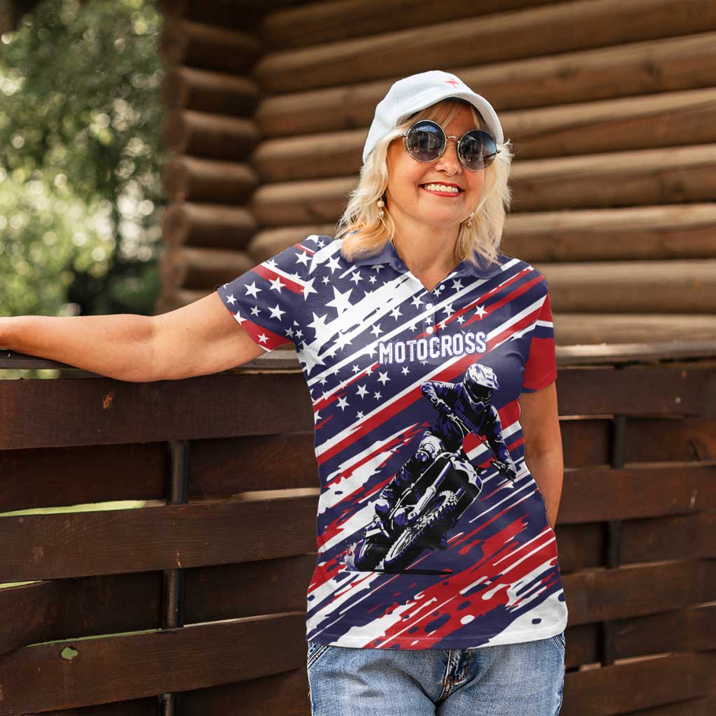 Personalized Patriotic Motocross Women Polo Shirt with USA Flag Colors – Dirt Bike Racing Design - Wonder Print Shop