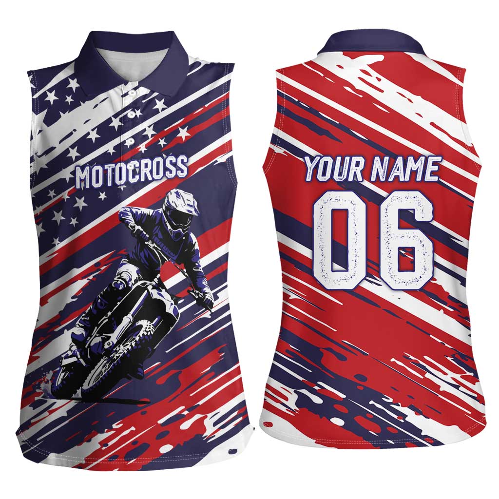 Personalized Patriotic Motocross Women Sleeveless Polo Shirt with USA Flag Colors – Dirt Bike Racing Design - Wonder Print Shop
