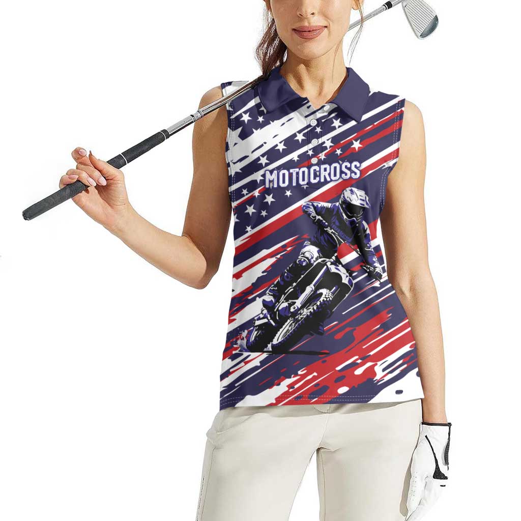 Personalized Patriotic Motocross Women Sleeveless Polo Shirt with USA Flag Colors – Dirt Bike Racing Design - Wonder Print Shop