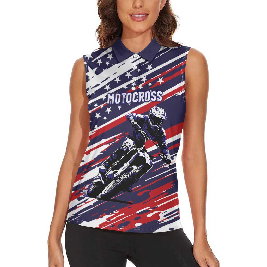 Personalized Patriotic Motocross Women Sleeveless Polo Shirt with USA Flag Colors – Dirt Bike Racing Design - Wonder Print Shop