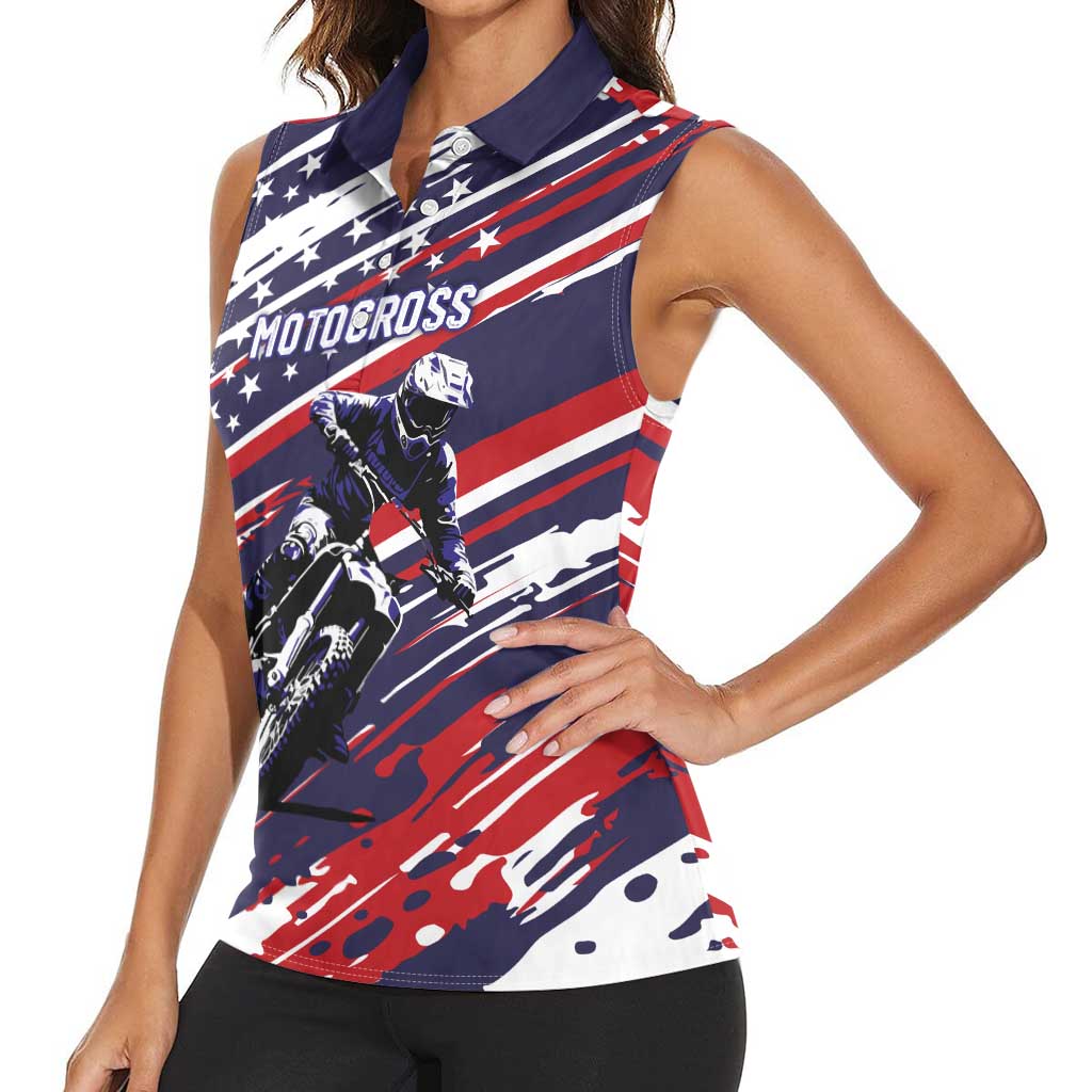 Personalized Patriotic Motocross Women Sleeveless Polo Shirt with USA Flag Colors – Dirt Bike Racing Design - Wonder Print Shop