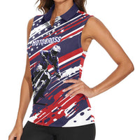 Personalized Patriotic Motocross Women Sleeveless Polo Shirt with USA Flag Colors – Dirt Bike Racing Design - Wonder Print Shop
