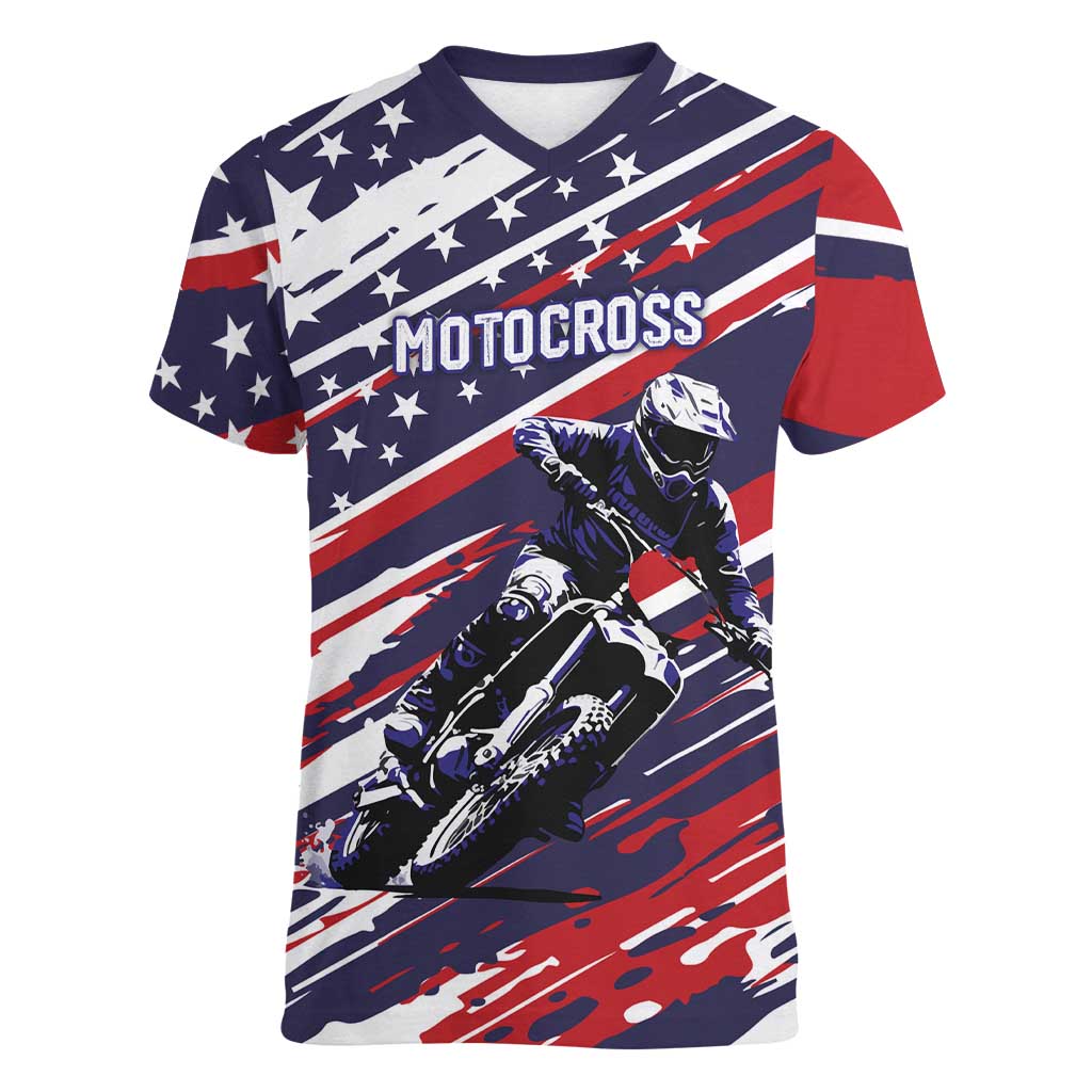Personalized Patriotic Motocross Women V-Neck T-Shirt with USA Flag Colors – Dirt Bike Racing Design - Wonder Print Shop
