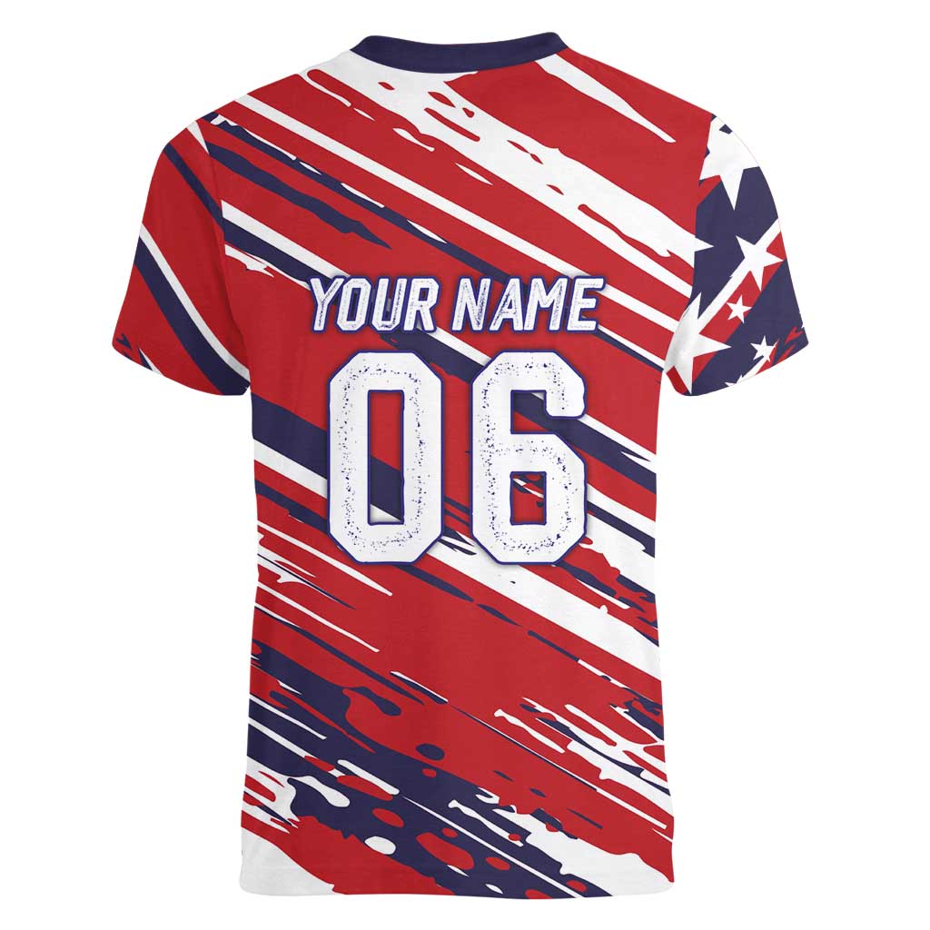 Personalized Patriotic Motocross Women V-Neck T-Shirt with USA Flag Colors – Dirt Bike Racing Design - Wonder Print Shop