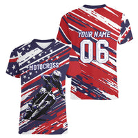 Personalized Patriotic Motocross Women V-Neck T-Shirt with USA Flag Colors – Dirt Bike Racing Design - Wonder Print Shop