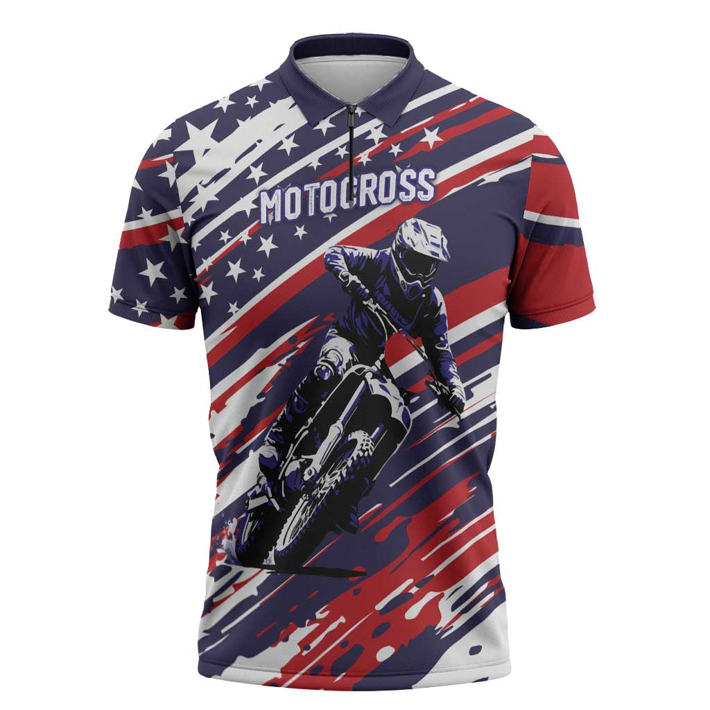 Personalized Patriotic Motocross Zipper Polo Shirt with USA Flag Colors – Dirt Bike Racing Design - Wonder Print Shop