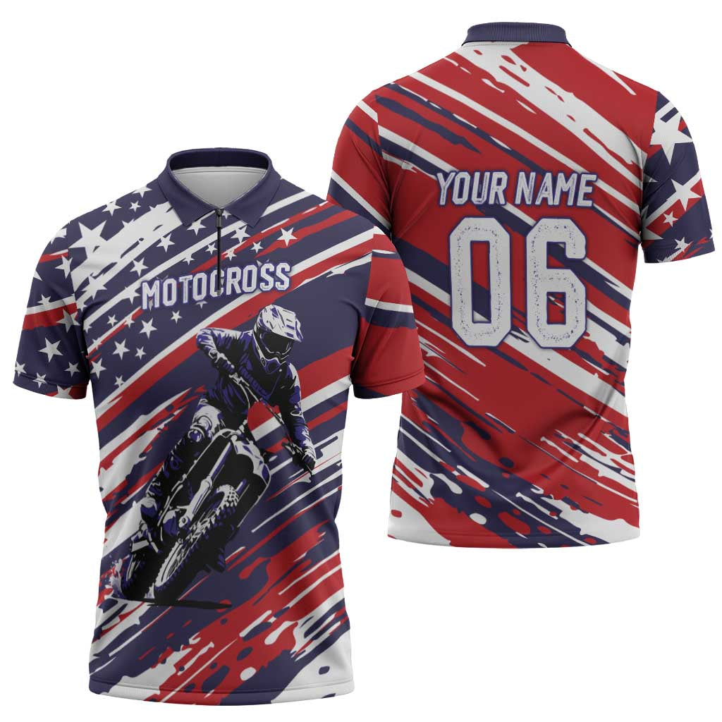 Personalized Patriotic Motocross Zipper Polo Shirt with USA Flag Colors – Dirt Bike Racing Design - Wonder Print Shop