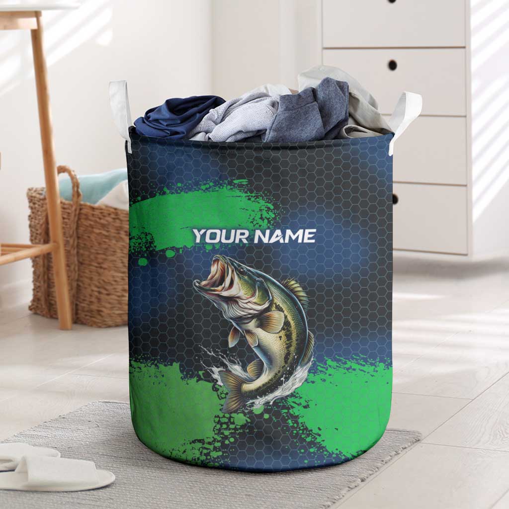 Personalized Bass Fishing Laundry Basket with Jumping Fish – Green and Black Angler Design - Wonder Print Shop