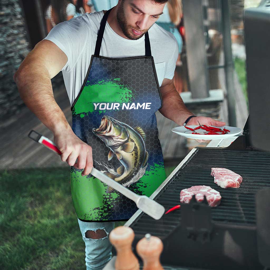 Personalized Bass Fishing Apron with Jumping Fish – Green and Black Angler Design - Wonder Print Shop