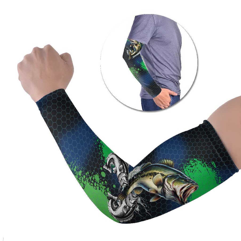 Personalized Bass Fishing Arm Sleeves with Jumping Fish – Green and Black Angler Design - Wonder Print Shop