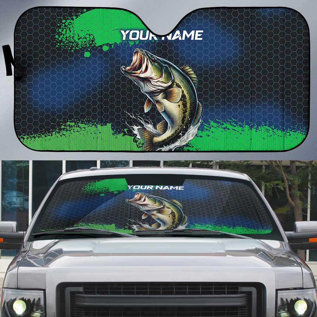 Personalized Bass Fishing Auto Sun Shade with Jumping Fish – Green and Black Angler Design - Wonder Print Shop
