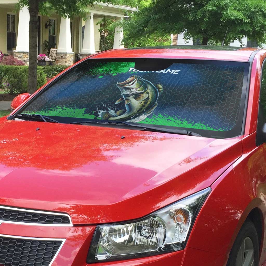 Personalized Bass Fishing Auto Sun Shade with Jumping Fish – Green and Black Angler Design - Wonder Print Shop