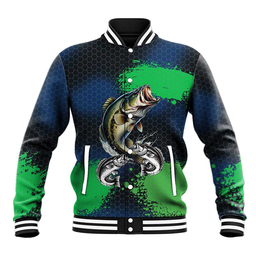 Personalized Bass Fishing Baseball Jacket with Jumping Fish – Green and Black Angler Design - Wonder Print Shop