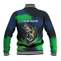 Personalized Bass Fishing Baseball Jacket with Jumping Fish – Green and Black Angler Design - Wonder Print Shop
