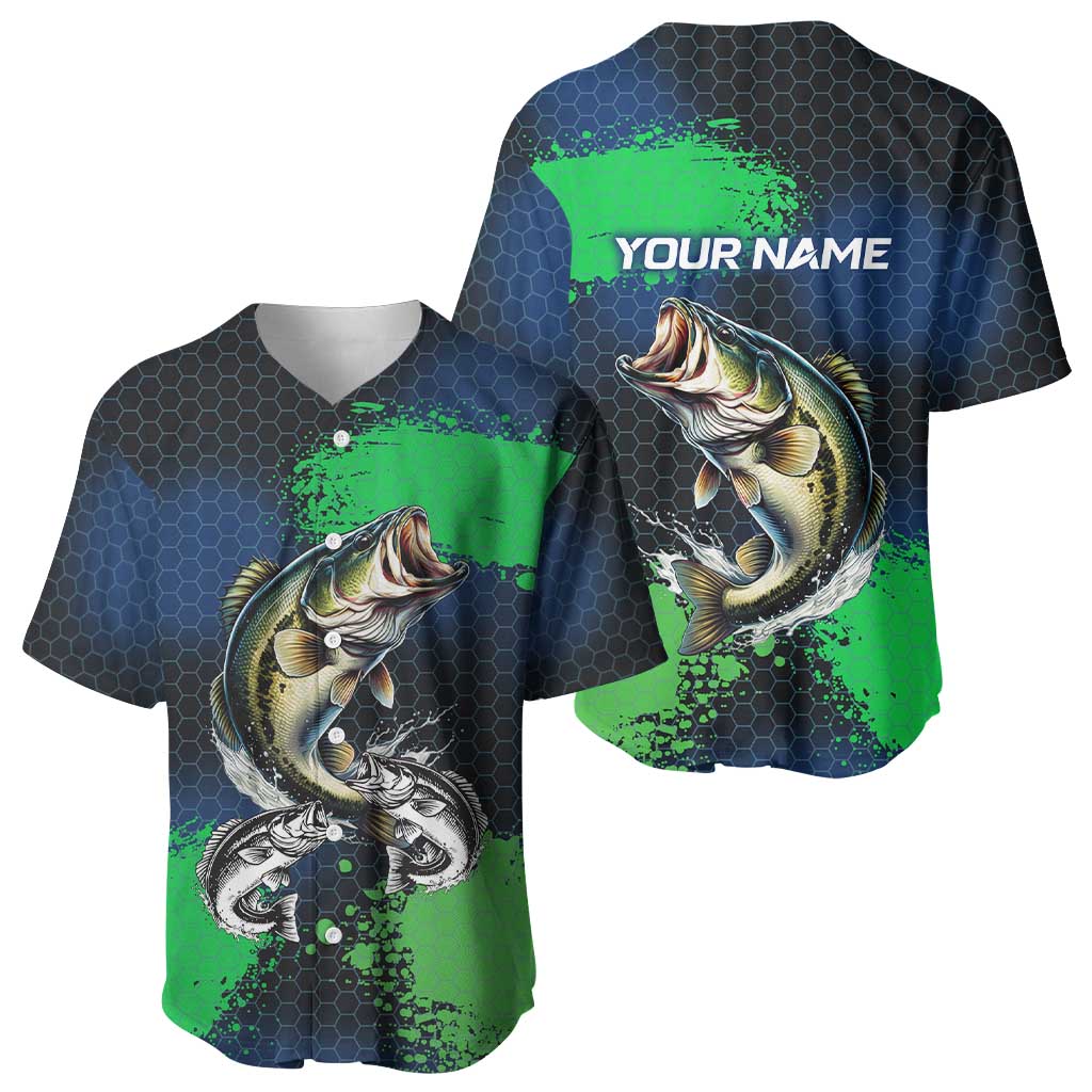 Personalized Bass Fishing Baseball Jersey with Jumping Fish – Green and Black Angler Design - Wonder Print Shop