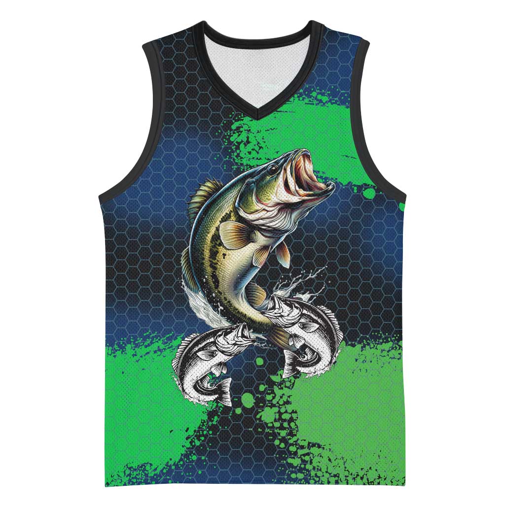 Personalized Bass Fishing Basketball Jersey with Jumping Fish – Green and Black Angler Design - Wonder Print Shop